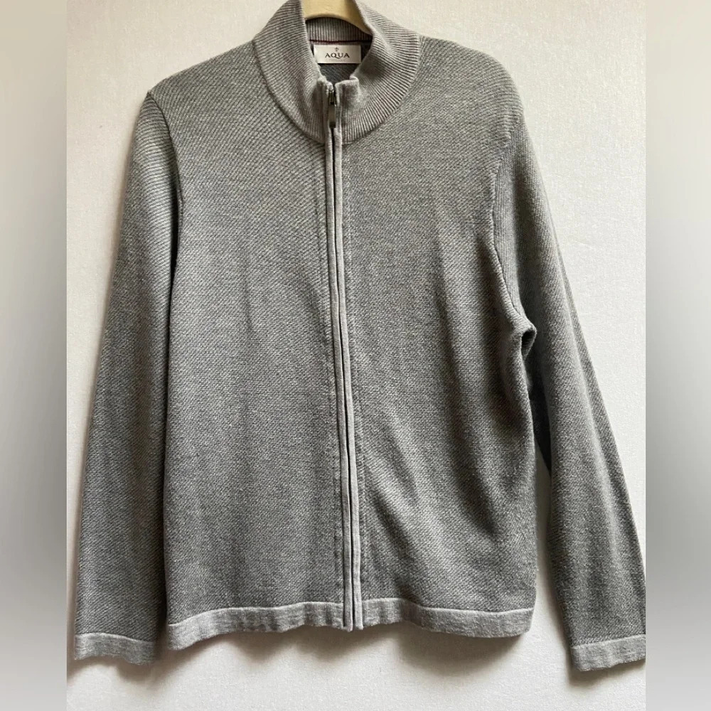 Aqua Toscano merino blend  zip up long sleeve cardigan sweater Sz M 21.5” PTP